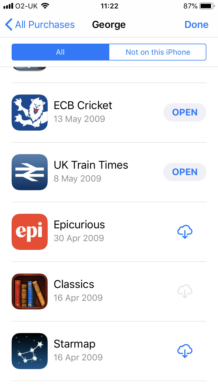 George first apps Screenshot of the first apps downloaded to George's iPhone