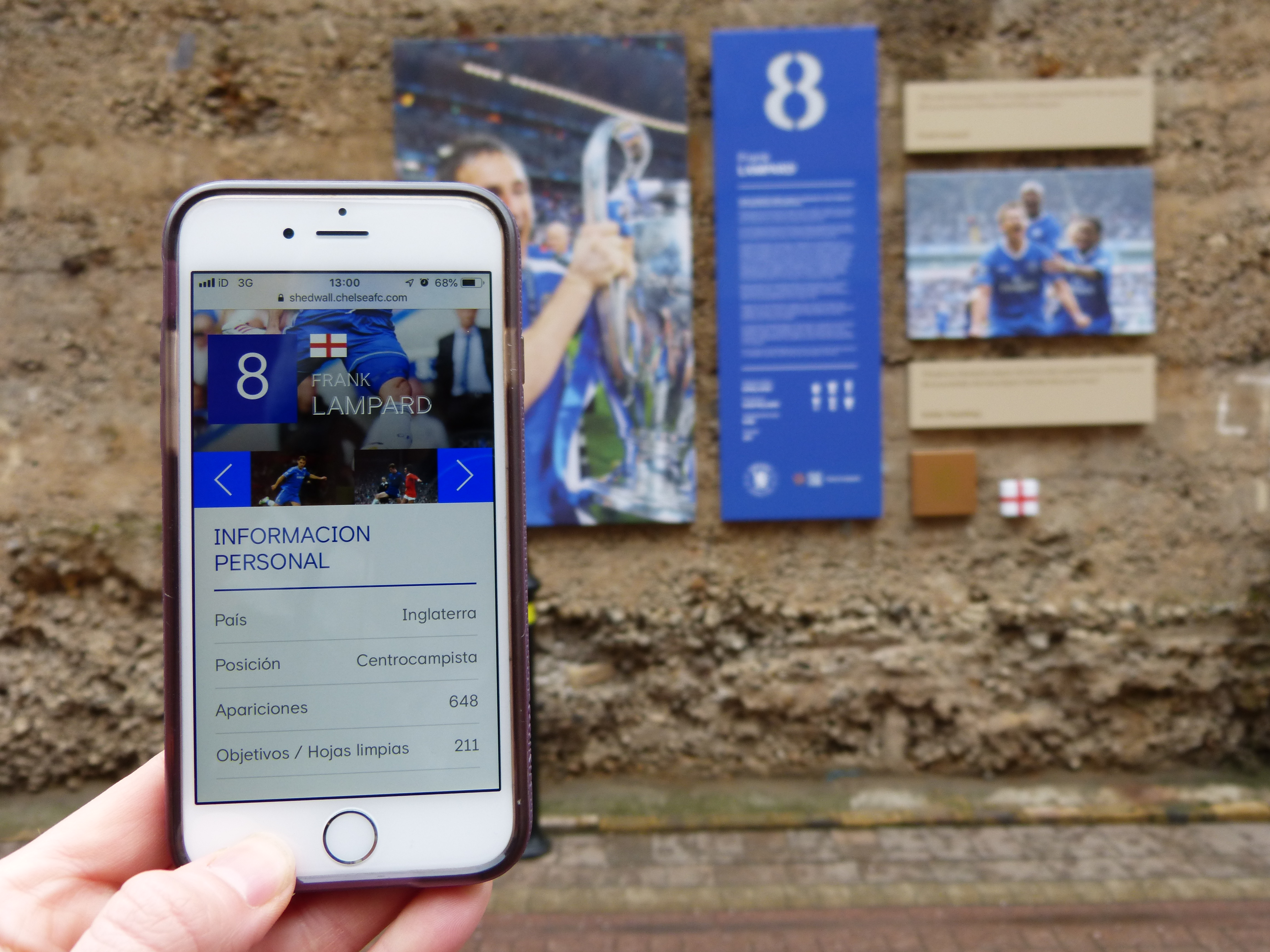 shed wall iphone lampard player information displayed on iphone by scanning QR code at Chelsea Shed Wall