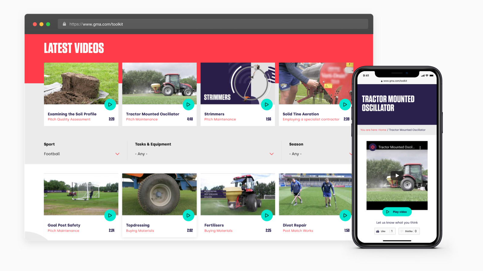 GMAVideos2 Selection of videos on GMA Grounds Management Toolkit website on desktop and mobile browsers