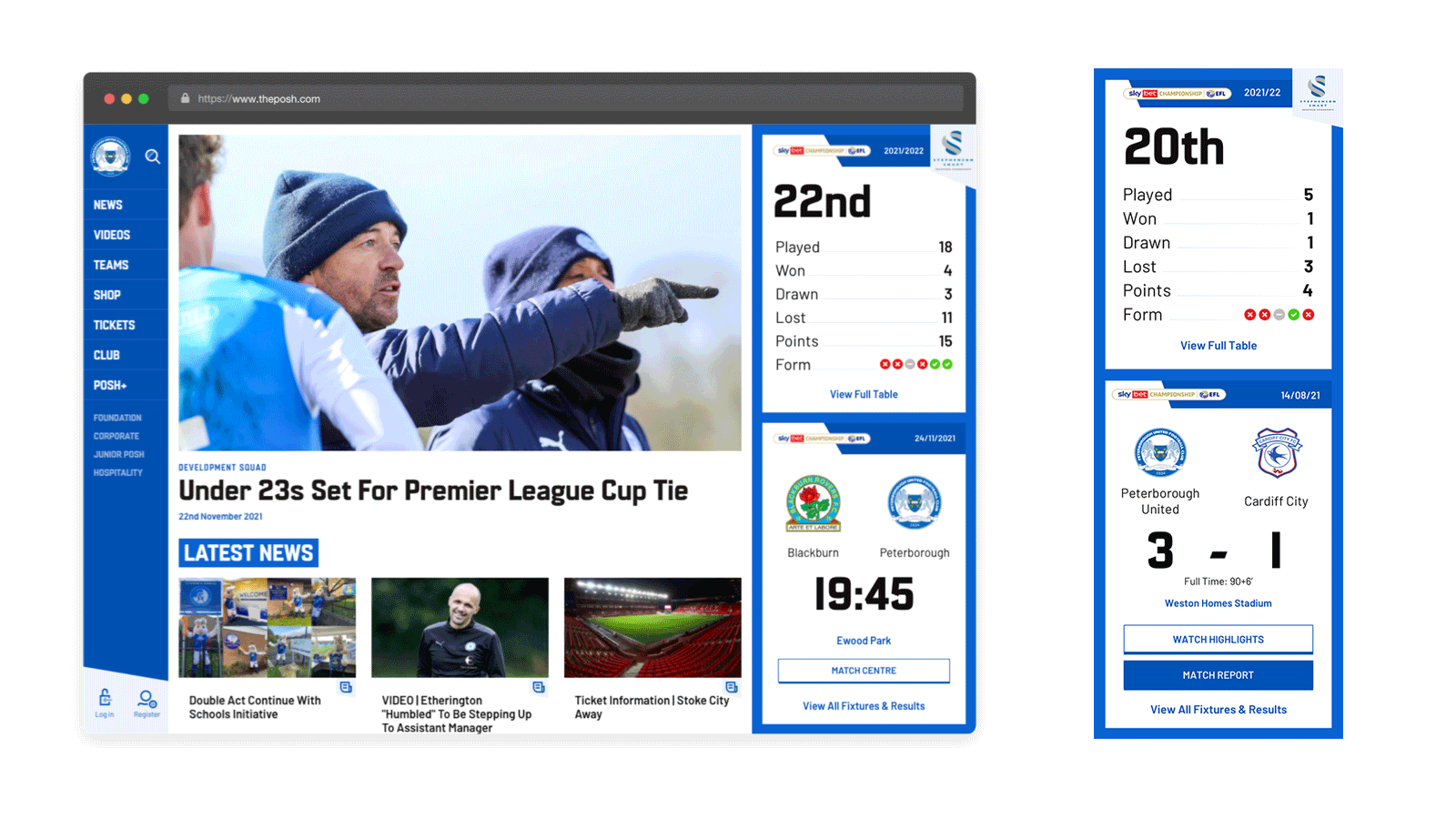 Image 3 homepage adjusts to browser size on Peterborough United FC website